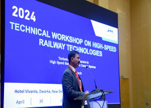 NHSRCL द्वारा 30 अप्रैल 2024 को हाई स्पीड रेलवे के क्षेत्र में हो रहे तकनीकी विकास को शेयर करने के उद्देश्य से 'हाई स्पीड रेलवे ट्रेन कंट्रोल सिस्टम और रोलिंग स्टॉक में तकनीकी प्रगति' विषय पर कार्यशाला का आयोजन किया गया।